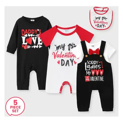 5-Pack Baby Boy Valentine's Day Letter Print Romper and bib Set & Bowknit Romper and Letter Over