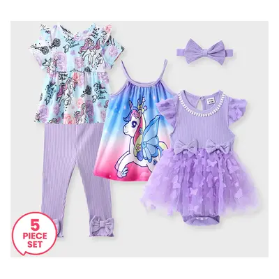 5pcs Baby Girl Sweet Unicorn Dress& Mesh Splice Dress with Headband& Printed Top and Leggings Se