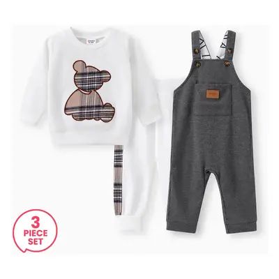 3-Pack Baby Boy Plaid Print Bear Embroidered Sweatshirt and Pants Set & Waffle Letter Patched Po