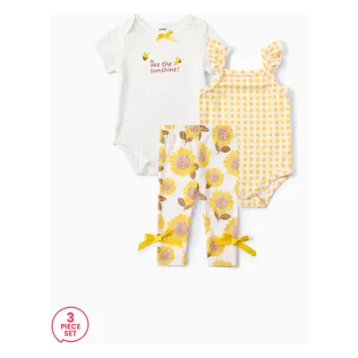 Baby Girl 3pcs Sweet Sunflower Grid Print Romper and Leggings Set