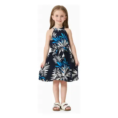 Family Matching Leaf Print Beach Shirt and High Neck Halter A-Line Maxi Dress Sets