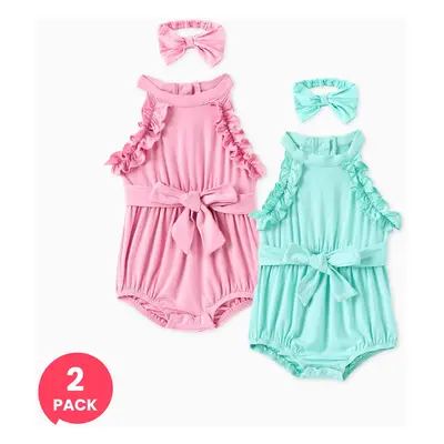 2-Pack Baby Girl Bamboo Ruffled Romper with Headband