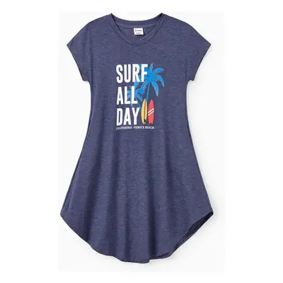 Family Matching Sets Deep Blue Coconut Tree and Slogan Printed Tee or Short Sleeves A-Line Dress