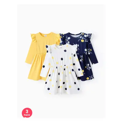 3-Pack Toddler Girl Floral Print Flutter-sleeve Dress