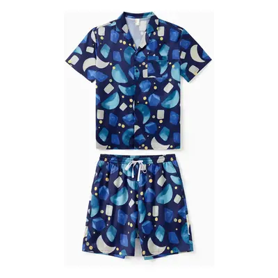 Family Matching Geometric Pattern Lapel Short Couple Pajamas Set