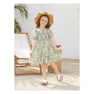 Family Matching Green Set Colorblock Short-sleeve Top or Floral Dress