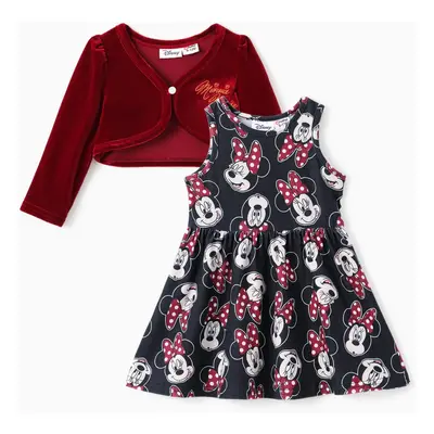 Disney Mickey and Friends Baby/Toddler Girl 2pcs Minnie Mouse Checkered Pattern Velvet Cardigan 