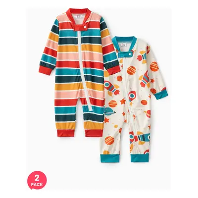 2-Pack Baby Boy/Girl Long-sleeve Zipper Graphic Jumpsuits Set