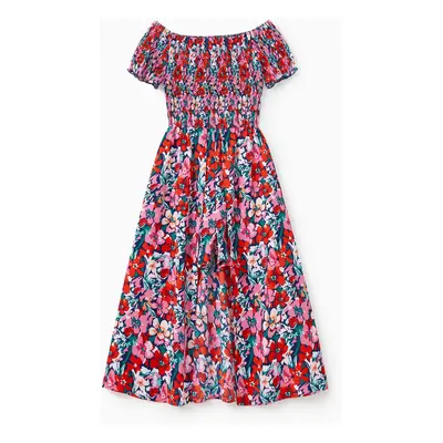 Family Matching Floral Print Short-sleeve Shirt or Off Shoulder Smocking Dresses Set