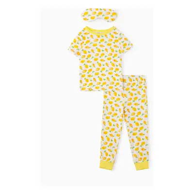 Bamboo Viscose Toddler Girl 3pcs Printed Snug-Fitting Pajamas with Eye Mask Set