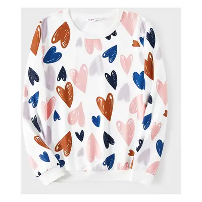 Family Matching Allover Heart Print and Colorblock Ribbed Long-sleeve Sweatshirts