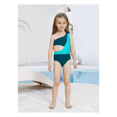 Family Matching Colorblock One Shoulder Cut Out One-piece Swimsuit and Striped Spliced Swim Trun