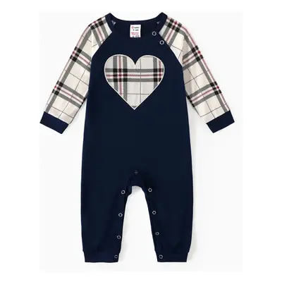 Family Matching School Grid Letter Print Patch Long Sleeve Pajamas Sets