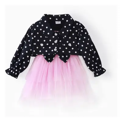 3pcs Baby Girl 100% Cotton Long-sleeve Polka Dots Crop Jacket and Rib Knit Spliced Mesh Cami Fai