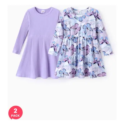 Toddler Girl 2pcs Solid Color & Butterfly Print Dress