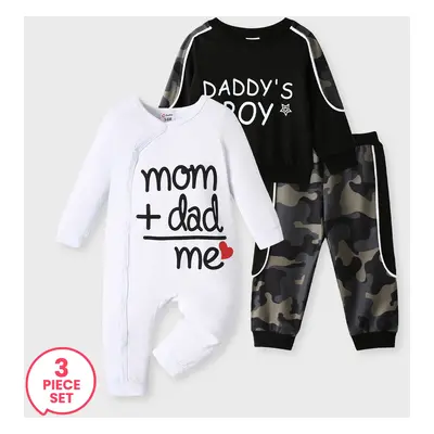 3-Piece Baby Boy Casual Camouflage Sweatshirt and Pants and Letter Print Jumpsuit Set