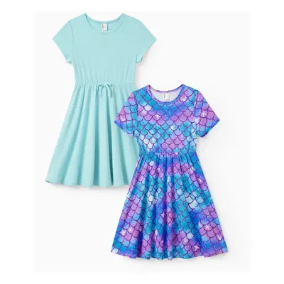 2pcs Toddler Girl Printed & Solid Causal Dresses