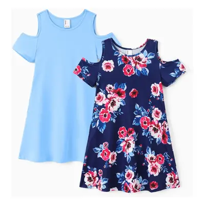 2pcs Kid Girl Floral & Solid Hollow-out Casual Dresses