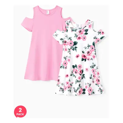 2pcs Kid Girl Floral & Solid Hollow-out Casual Dresses