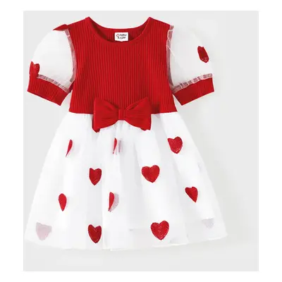 Family Matching Short-sleeve Cotton Ribbed Colorblock T-shirts and Allover Heart Embroidered Mes