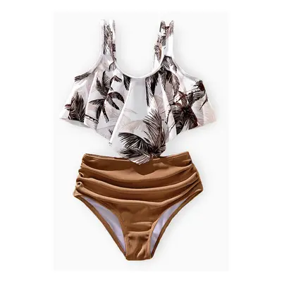 Family Matching Allover Coconut Tree Print Spliced Ruched Two-Piece Swimsuit or Swim Trunks