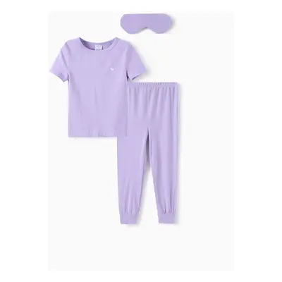 Bamboo Viscose Toddler Girl 3pcs Solid Snug-Fitting Pajamas with Eye Mask Set