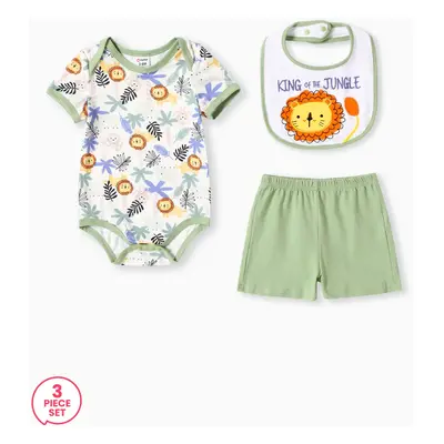 3pcs Baby Boy Lion Print Romper and Shorts and Bib Set