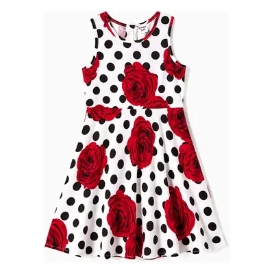 Family Matching Allover Red Rose Floral & Dots Print Tank Dresses and Short-sleeve Polo Shirts S