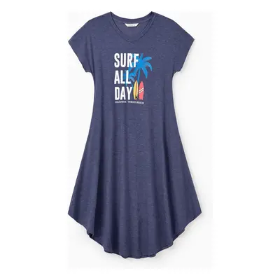 Family Matching Sets Deep Blue Coconut Tree and Slogan Printed Tee or Short Sleeves A-Line Dress