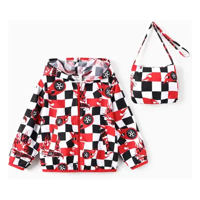 Hot Wheels Toddler/Kid Boy 1pc Red & Black Checkered Allover Print Zipper Hooded Storage Sun Pro