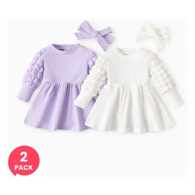 2-Pack Baby Girl Puff-sleeve Dress with Headband