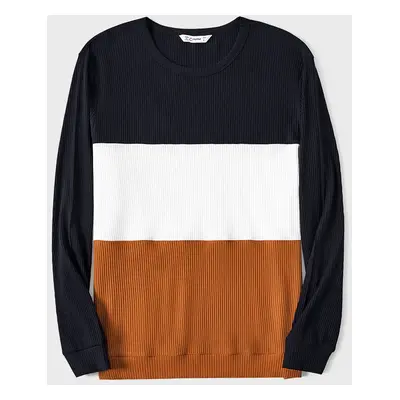 Family Matching Allover Heart Print and Colorblock Ribbed Long-sleeve Sweatshirts