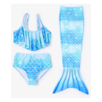 3pcs Todder/Kid Girl Ruffled Top and Bottom and Mermaid Tail Swimsuits Set