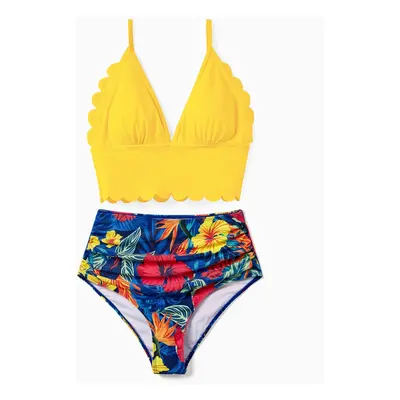 Family Matching Solid Scallop Trim Strappy Two-piece Swimsuit or Allover Floral Print Swim Trunk