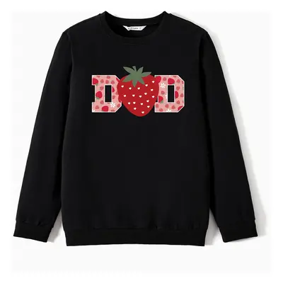 Valentine's Day Family Matching Strawberry and Letter Print Long-sleeve Black Tops