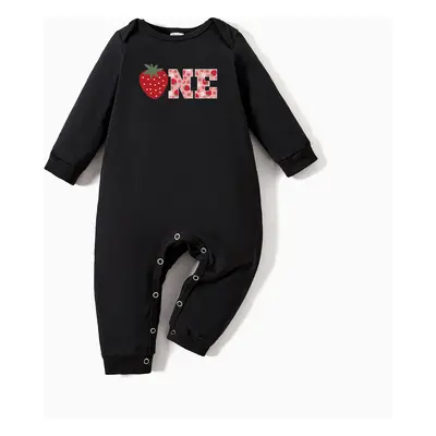 Valentine's Day Family Matching Strawberry and Letter Print Long-sleeve Black Tops