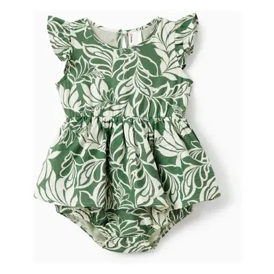 Family Matching Leaf Print Short-sleeve Shirt or Halter Dress Green Set