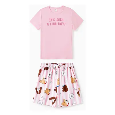 Family Matching Letter Short-sleeve Top and Cute Doggy Pattern Bottom Pajamas Set for Couple Sho