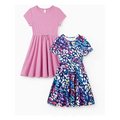 2pcs Toddler Girl Printed & Solid Causal Dresses