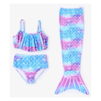 3pcs Todder/Kid Girl Ruffled Top and Bottom and Mermaid Tail Swimsuits Set