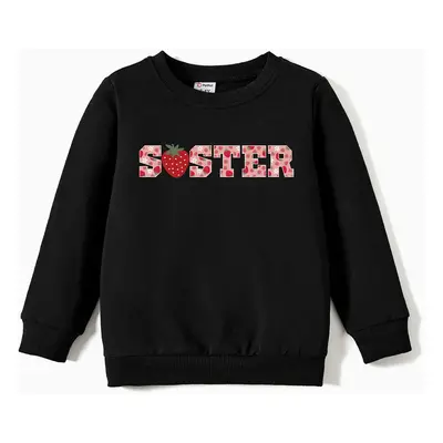 Valentine's Day Family Matching Strawberry and Letter Print Long-sleeve Black Tops