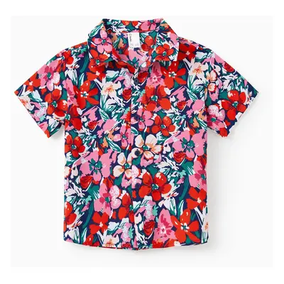 Family Matching Floral Print Short-sleeve Shirt or Off Shoulder Smocking Dresses Set