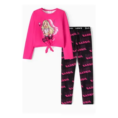 Barbie Kid Girl 2pcs Knot Hem Long-sleeve Top and Letter Print Leggings Pants Set