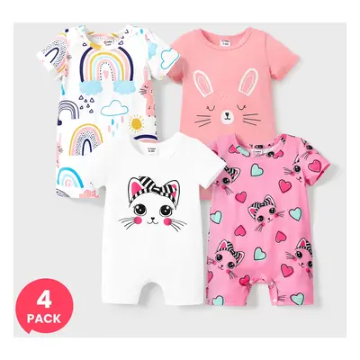 4-Pack Baby Girl Bunny & Cat Print Romper