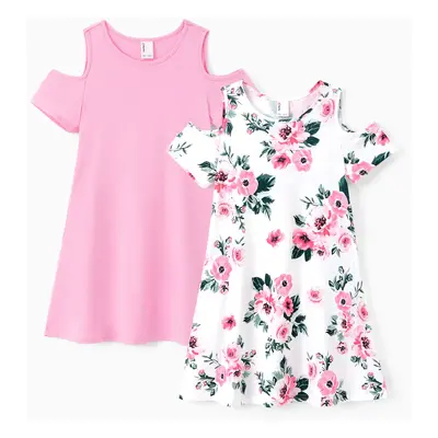 2pcs Kid Girl Floral & Solid Hollow-out Casual Dresses