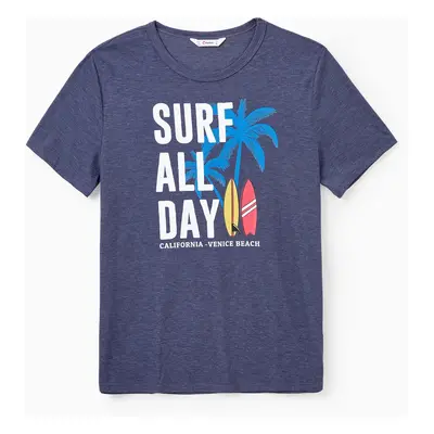 Family Matching Sets Deep Blue Coconut Tree and Slogan Printed Tee or Short Sleeves A-Line Dress