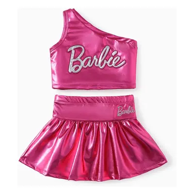 Barbie Toddler Girls 2pcs Classic Logo Print Metallic One-shoulder Top with Skirts Set