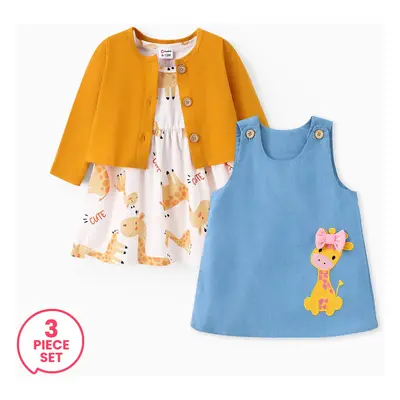 3-Pack Baby Girl Cardigan and Giraffe Print Dress Set & Giraffe Bowknot Denim Tank Dress