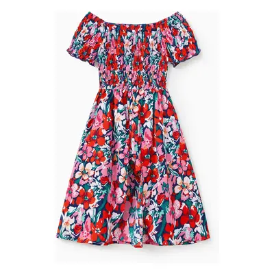 Family Matching Floral Print Short-sleeve Shirt or Off Shoulder Smocking Dresses Set