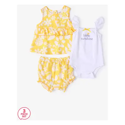 Baby Girl 3pcs Letter Romper and Floral Print Ruffled Top and Shorts Set